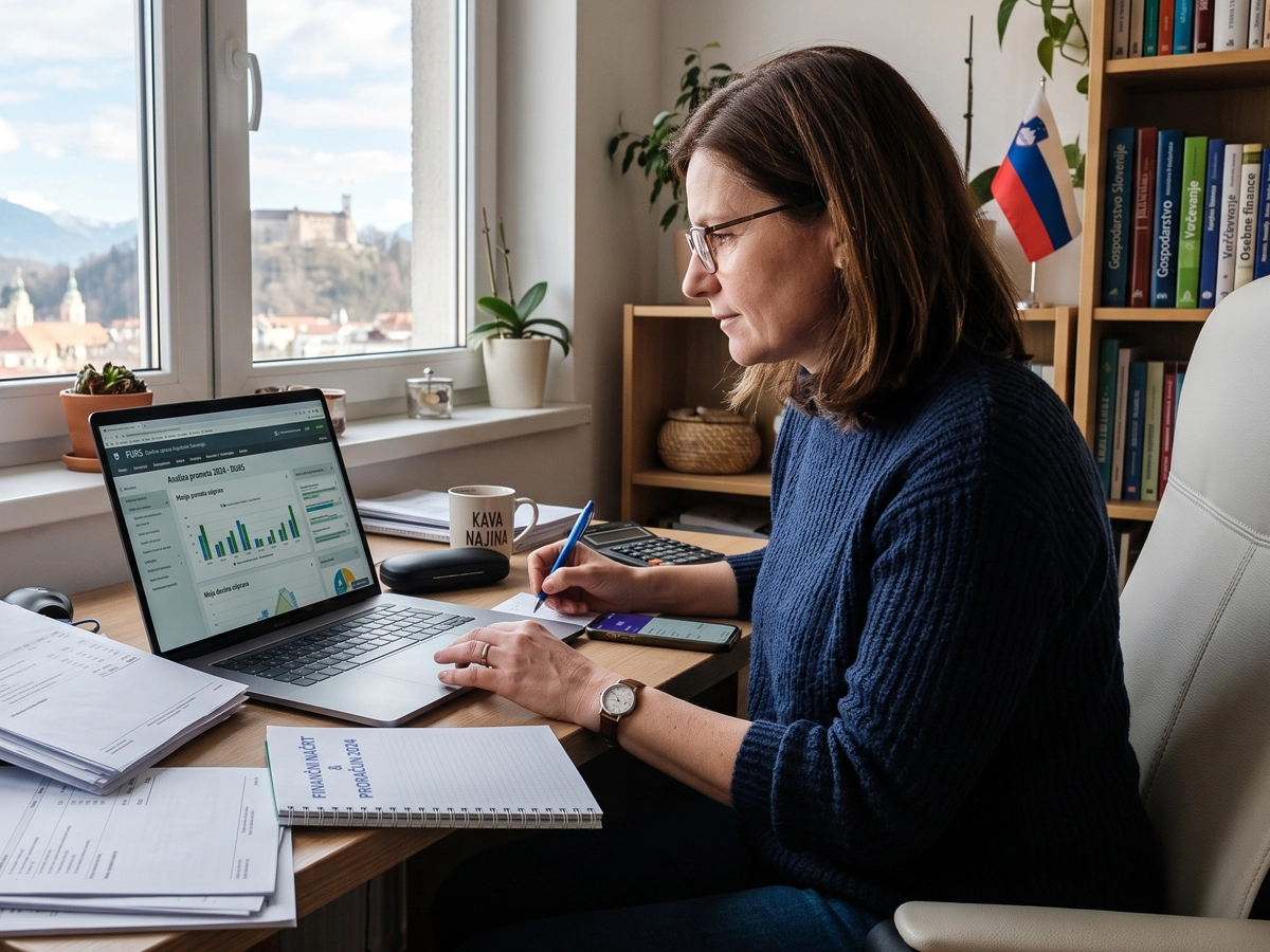 Oseba ob prenosnem računalniku in finančnih dokumentih